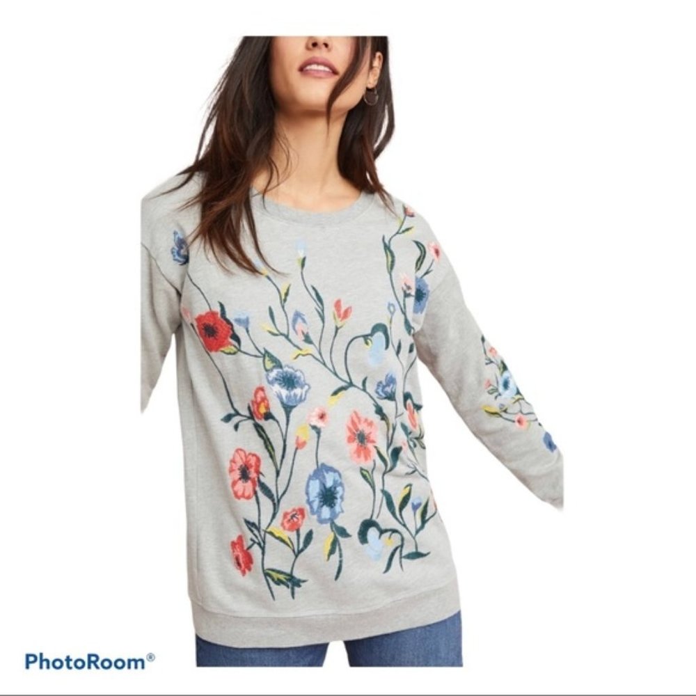 Anthropologie SUNDRY Womens XS Grey Floral Embroidered Long Sleeved Swe